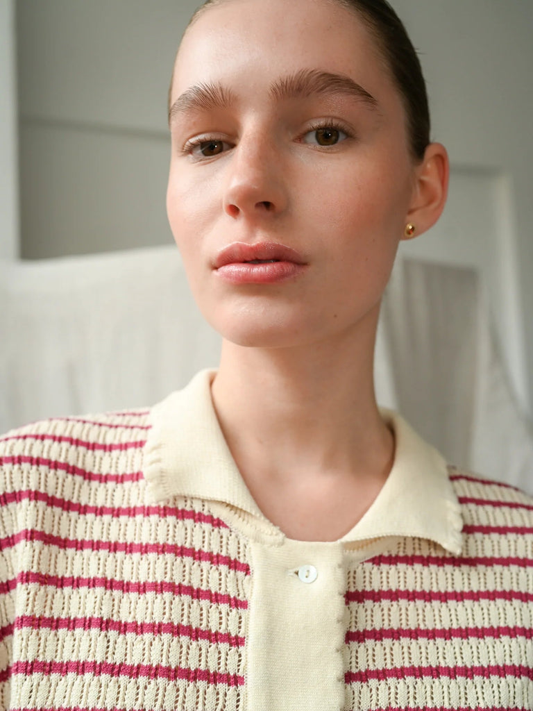 Lullu SS Polo Cardigan | Ecru & Holly Berry - Skjønn Concept Store
